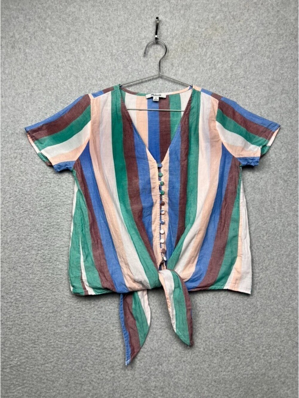 Madewell Bohemian Nautical Preppy Striped V-Neck Tie Front Cotton Blouse Top XS
